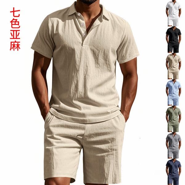American Designer T-shirt Style Summer Men's Loose Casual Linen Breathable Polo Shirt Short Designer Hoodie Beach Sleeve Polo Shorts Set