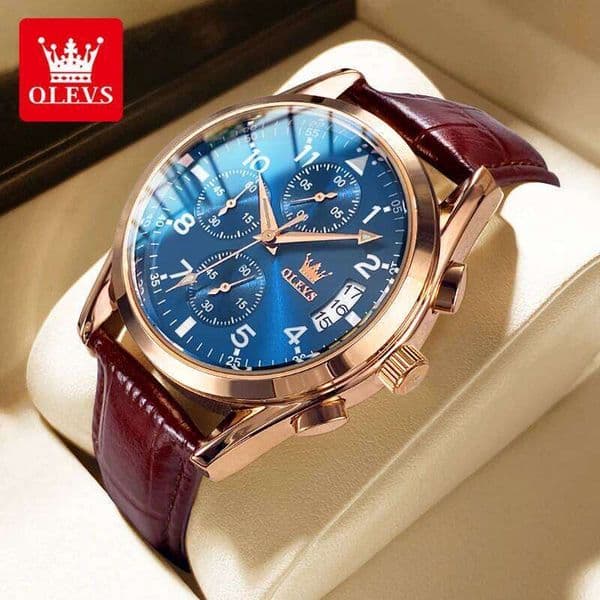 OLEVS 2878 Classic men's watch leather strap waterproof luminous calendar with three small dials Men Watch