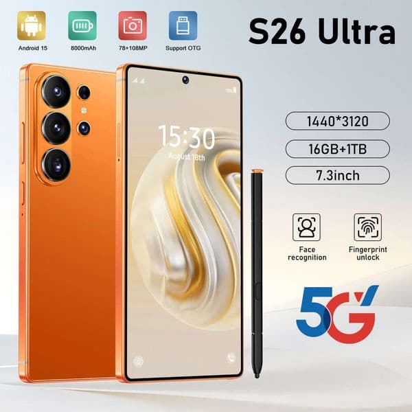 Brand new popular S26 Ultra cross border smartphone with center punch hole display 7 3inch Octa core Android 12 16+1