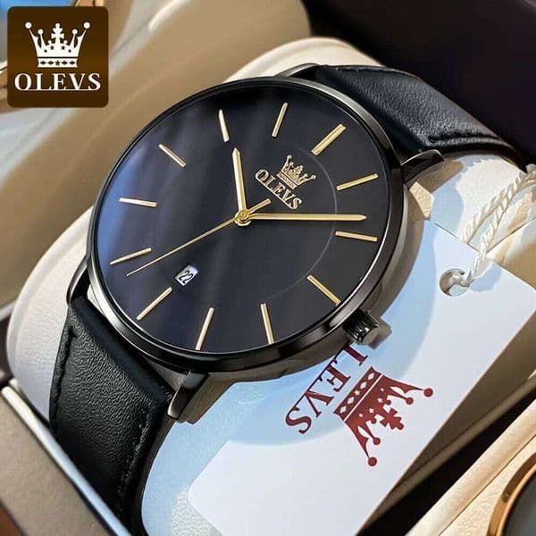 OLEVS Quartz Men's Fashionable Business Waterproof Leather Strap Classic Ultra Thin 6.5mm Date dial Luxury Brand Men Watch