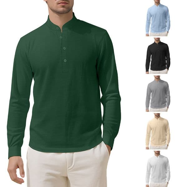 2026 Men's Loose Linen Solid Color Designer T-shirt Polo Designer Hoodie Long Sleeve Stand Collar Top Men's Casual Shirt