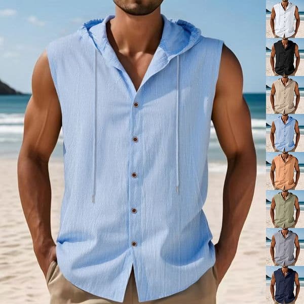 New Product: Polo Americanstyle Summer Men's Loose Casual Linen Hooded Sleeveless Designer Hoodie Trendy Designer T-shirt Hiphop Shirt