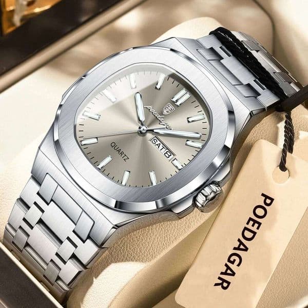 POEDAGAR Top Fashion Square Men's Watches Date Week Business Man Clock Waterproof Luminous Stainless Steel Quartz Men Wristwatch