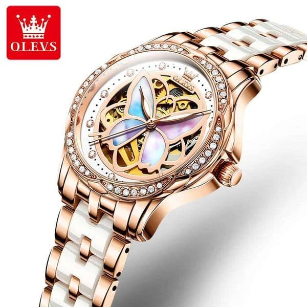 OLEVS 6615 Original Luxury Brand Automatic Mechanical Elegant Diamond Skeleton Ceramic Strap Women's Watch Set