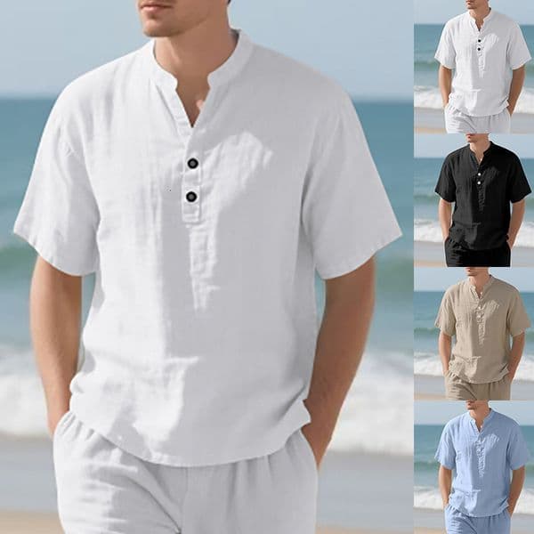 Summer European And American Designer T-shirt Men's Casual Polo Designer Hoodie Loose Shirt Men's Casual Stand Collar Buttoned Linen Short Sleeve Solid Color Plus