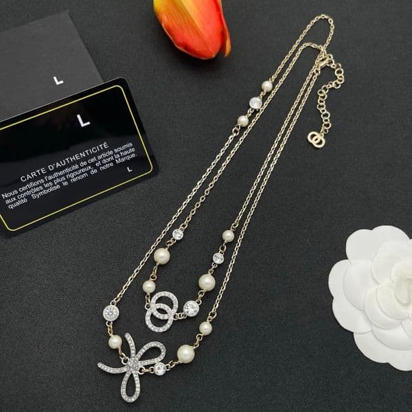 Gold Tone Layered Pearl Crystal Bow Interlocking Necklace Delicate Elegant Daily Wear Gift For Her Premium Accessory Necklace