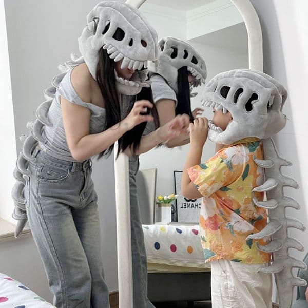 Chinese Dinosaur Skeleton Plush Headgear Hat Cosplay Prop Toy for Kids Adults Birthday Gift