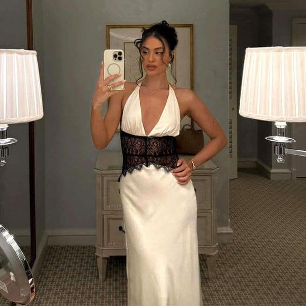 Foreign Trade Cross-Border 2026 Summer New Women's Deep V Backless Long Lace See-Through Sexy Slim-Fit Dress for Women