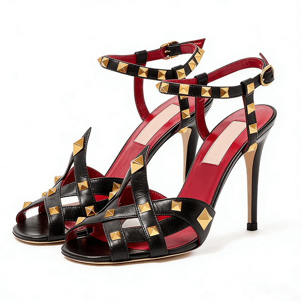 Summer New Rivet Decoration Thin Strap Combination High Heeled Sandals 8.5cm Thin Heeled Sexy Ladies Dress Shoes Luxury Designer Fashion Comfortable Women's Shoes
