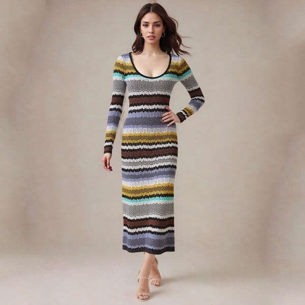 2026 designer long cut color blocked high neck B15 style high stretch long sleeved early autumn knitted dress