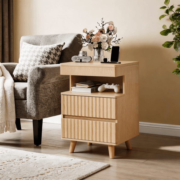Modern Bedside Table with Gun Drawer Nightstand with Charging Station 2 Drawers and Open Shelf Side Table for Bedroom