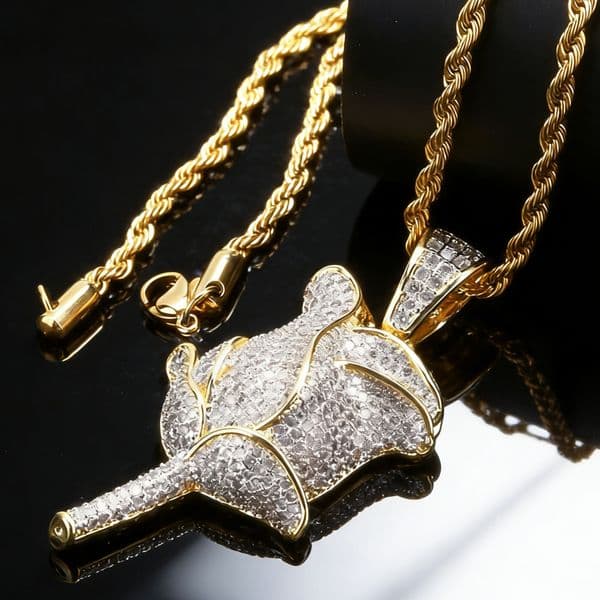 New fashion jewelry for girls 14k Gold Ice Out CZ Rose Flower Pendant Necklace Twist Chain Full Cubic Zirconia Diamond Hiphop Rock Punk Rapper Jewelry for Men & Women