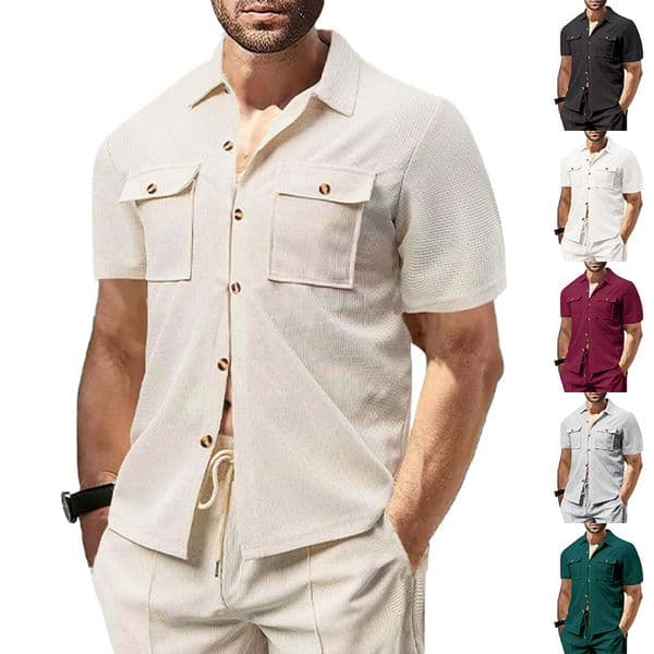 Summer European Designer T-shirt And American Men's Waffle Short Sleeve Casual Solid Color Collar Designer Hoodie Button Polo Pocket Work Shirt