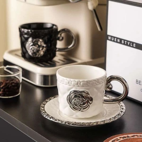 Designer Luxury Relief Ceramic Coffee Cup & Saucer Set French European Style High-End Home Use Afternoon Tea Gift Box Wholesale