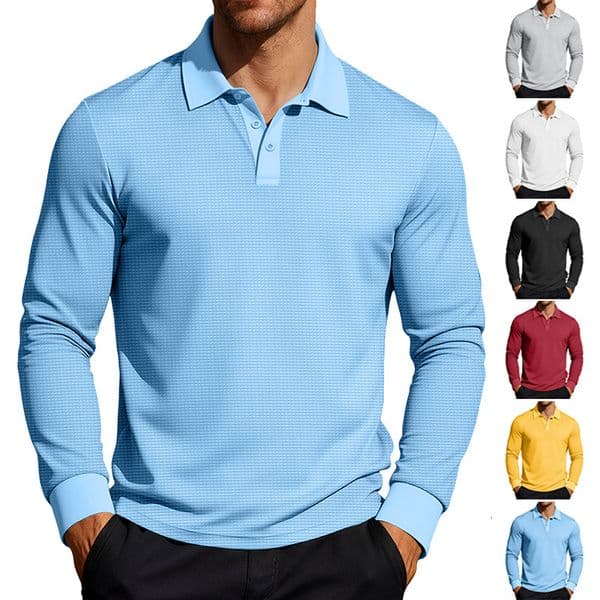 Men's Waffle Polo Collar Button Collar Long Designer Hoodie Sleeve Polo Designer T-shirt Shirt Vacation Casual