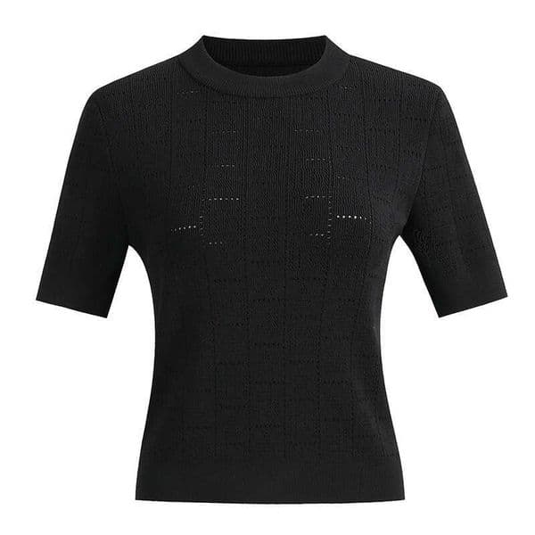 2026 Spring/Summer New Women's Round Neck e22 Five Star Hollow Short Sleeve Thin Knitted T-shirt Design Fashionable