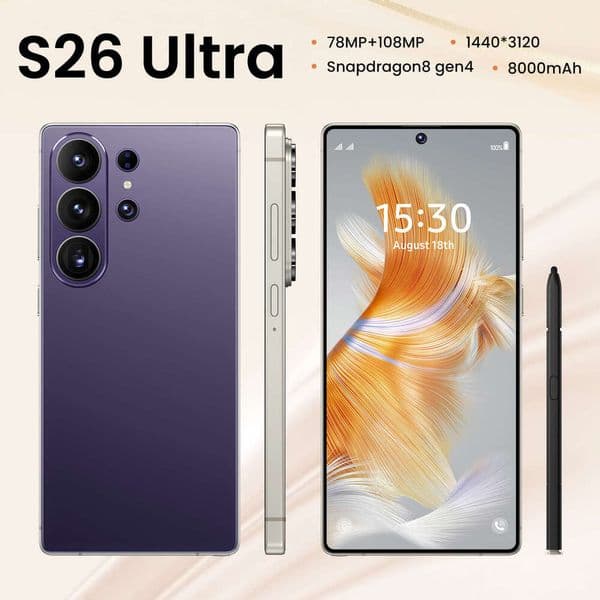 Brand new popular S26 Ultra cross-border smartphone with center punch-hole display 7.3inch Octa-core Android 12 16+1