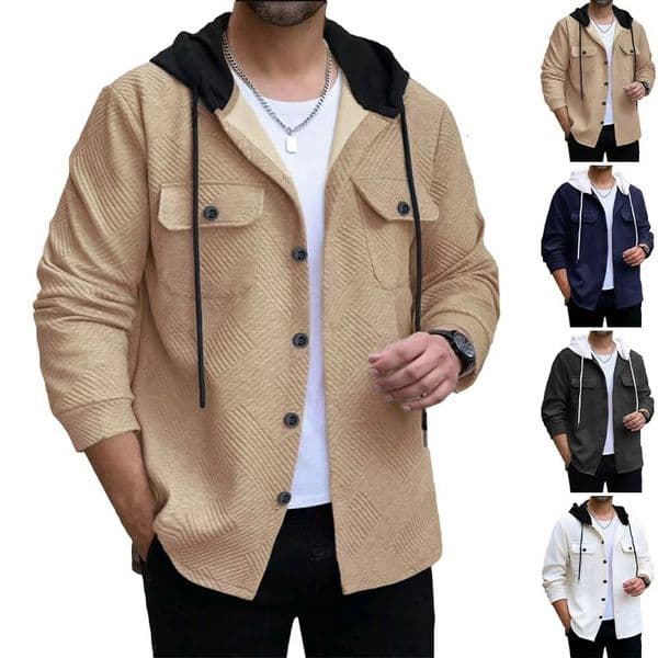 European And American Autumn Winter Men's Casual Sports Colorblock Hooded Designer Jacket Swea Button Jacquard Pocket Jacket