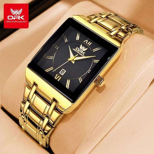 OPK 8156 Mens Original Quartz Automatic Date For Man Waterproof Luminous Simple Scale Square Watch Box