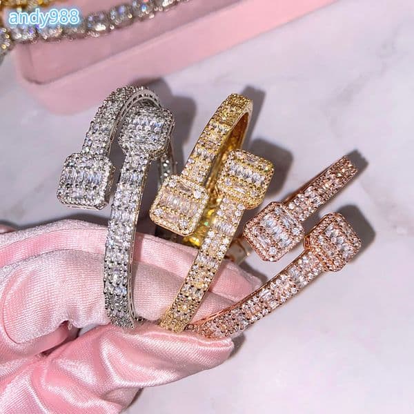 foxi Jewelry Wholesale Gold Silver Plated Icy Out Bling baguette Moissanite vvs Diamond Bangle Women Fashion Jewelry