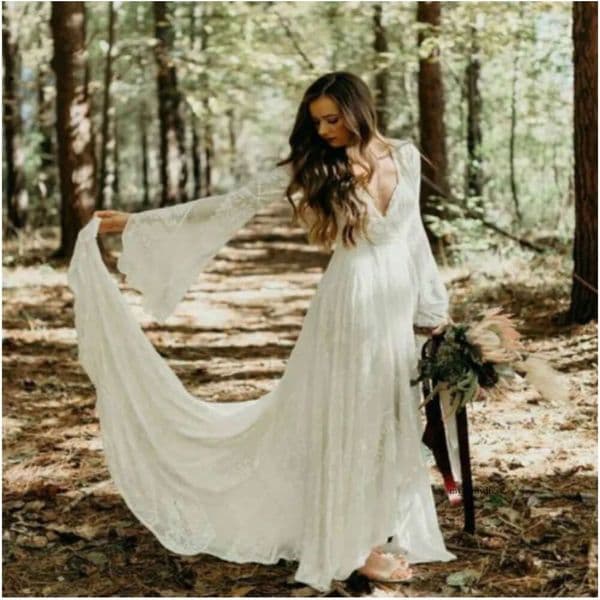 Chic Ivory Lace Boho Dress Civil Forset Country Dresses Deep V Neck Poet Sleeves Summer Beach Wedding For Bride 2026