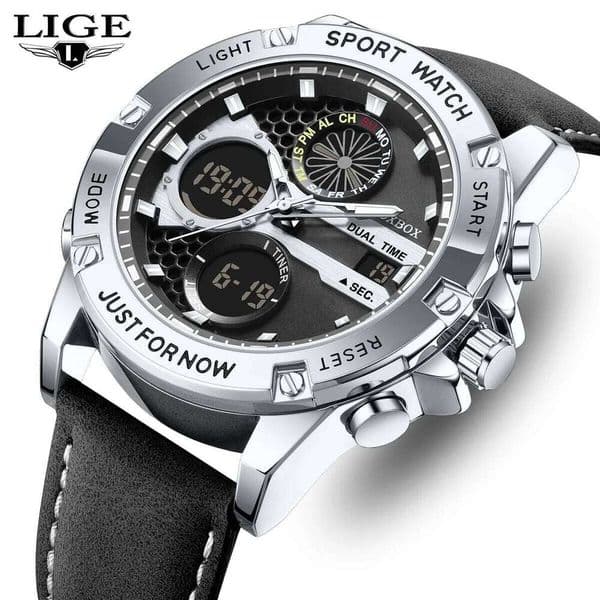 LIGE Brand FOXBOX Outdoor Sport Electronic Watch Fashion Casual Leather Waterproof Light Week Date Alarm Digital Watches for Men