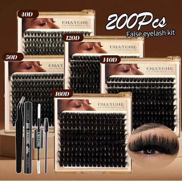 Natural Thick DIY Cluster Lashes Kit with Lash Bond & Seal Brush Tweezer Handmade Reusable D Curled 200Pcs Individual Eyelashes Soft Lightweight Grafted Lashes