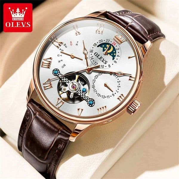 OLEVS 7009 Business Skeletonizing Mechanical Round-dial Genuine HD Wristwatch Week Display Waterproof Calendar Men Watch