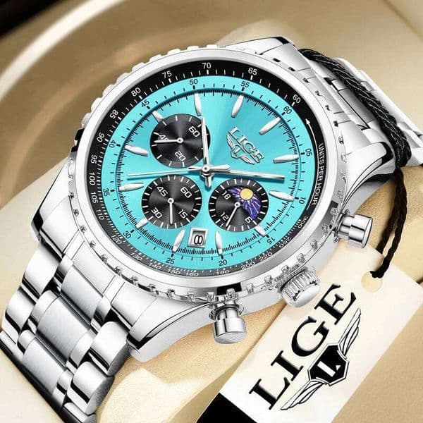 LIGE Luxury Classic Quartz Man Watch Fashion 24H Moon Phase Steel Band Casual Sports Waterproof Luminous Auto Date Men's Watches