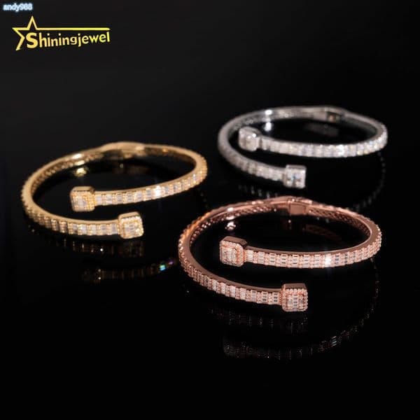 Worldwide Shipping Fine Jewelry Trendy S925 Silver Gold Plated VVS Baguette Moissanite Diamond Bangle Bracelet
