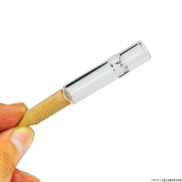 Honeypuff Glass One Hitter Pipes Bat With Natural Detachable Wood Mouthpiece Mouth Filter Handle Wooden Tobacco Pipe Smoking