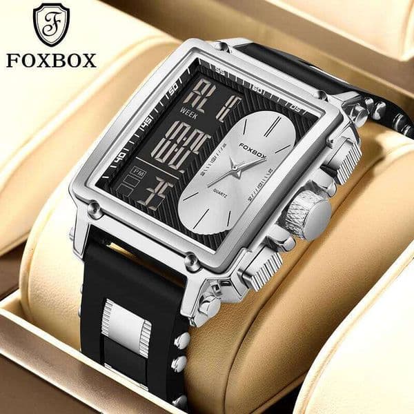 FOXBOX Electronic Man Watch Fashion Casual Sports Silicone Strap Dual Digital Display Watches for Men Waterproof Week Date Reloj