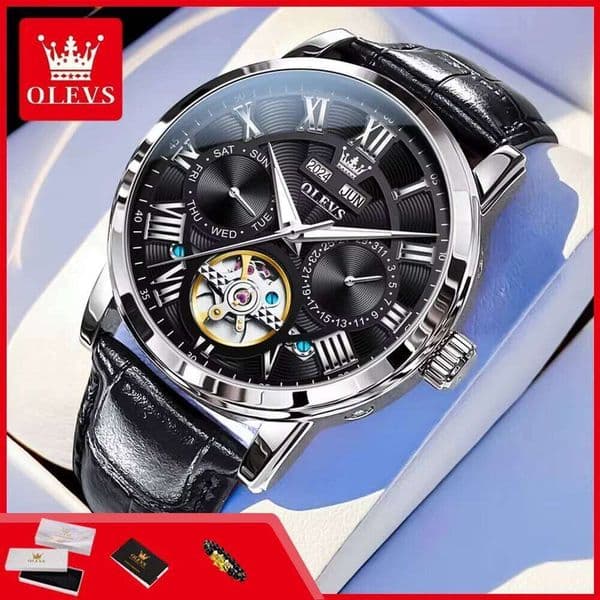 OLEVS 6668 Automatic Man Watch Hollow Roman Numeral Dial Leather Strap Waterproof Dual Calendar Mechancial Wrist Watches for Men