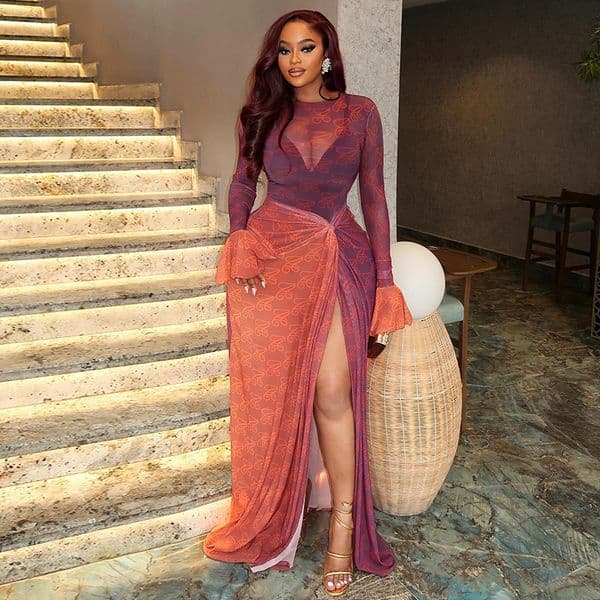 Summer slim-fit womens dress lightweight and slightly sheer bodycon irregular skirt round neck pleated long-sleeve dress