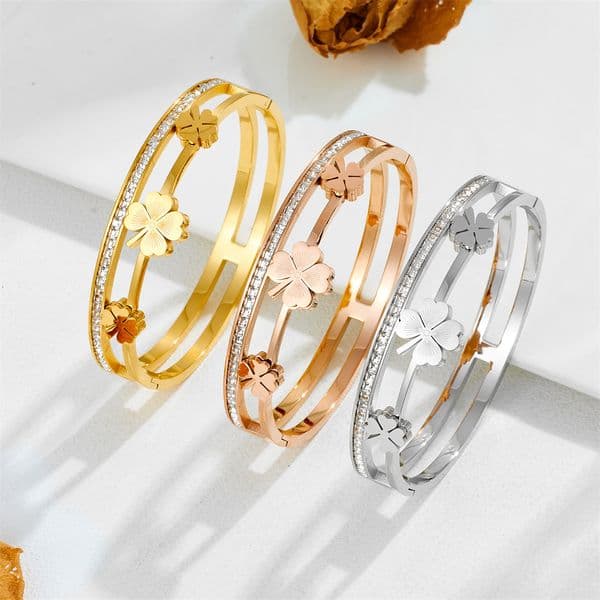 Luxury Brand Bracelet Designer Jewelry European And American Four-leaf Clover Titanium Steel Bracelet With Double Rings Diamond Inlay Clasp