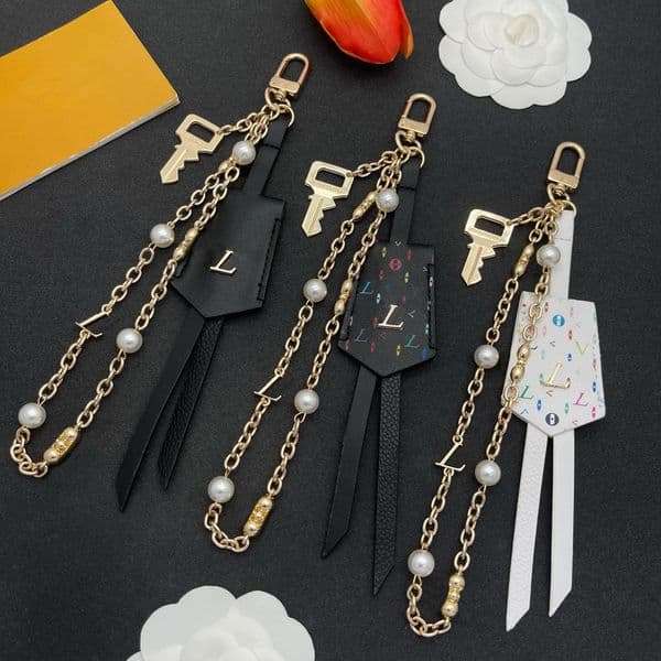 Gold Tone Multi Color Leather Tassel Key Pearl Embellished Bag Charm Delicate Elegant Daily Wear Premium Accessory