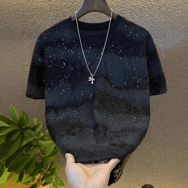 Summer new style ripped starry sky sweatshirt for men, gradient top, loose pullover short-sleeve T-shirt, stylish and fashionable