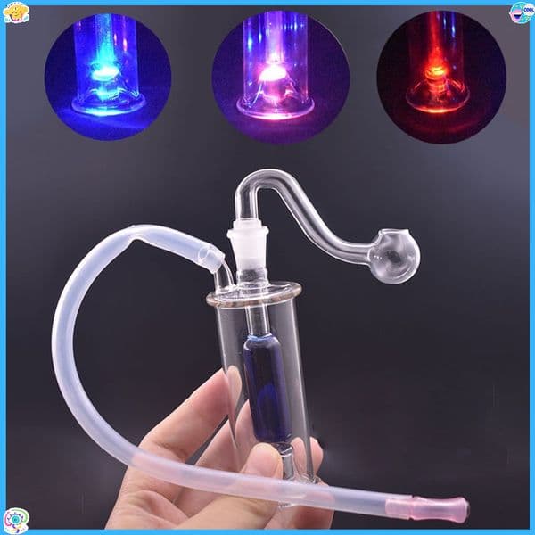 Wholesale Glass Oil Burner Bubblers Bong Mini Water Pipes With 3 Change Color Led Light Glass Percolator Bubbler with smoking oil Bowl Slide and Silicone Mouthpiece