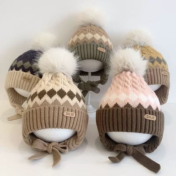 2024 New Children's Diamond Pattern Jacquard Knit Ear Protection for Boys Girls, Baby Autumn and Winter Fleece-Lined Warm Hat ddmyshoesvip