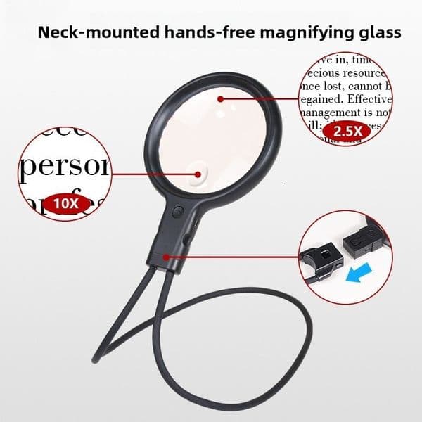 Cross-border large mirror hanging neck magnifying glass with three-color light, desktop multi-use magnifier for engraving, stamp collecting, reading,