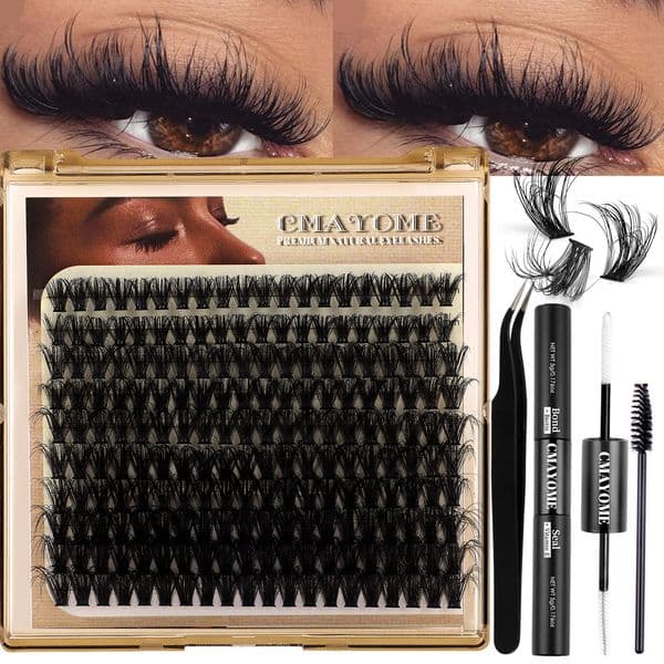 200Pcs DIY Cluster Lashes Kit with Lash Bond & Seal Thick Fluffy DIY Individual Eyelashes Soft Vivid Hand Made Reusable Grafted Lashes D Curled