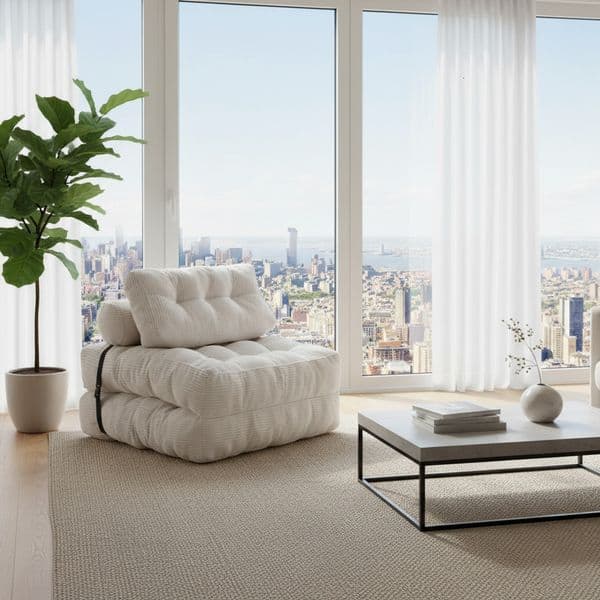 Single White Folding Sofa Bed Convertible Sleeper Chair Pillow Foldable Mattress Back Support Portable Chair Living Room
