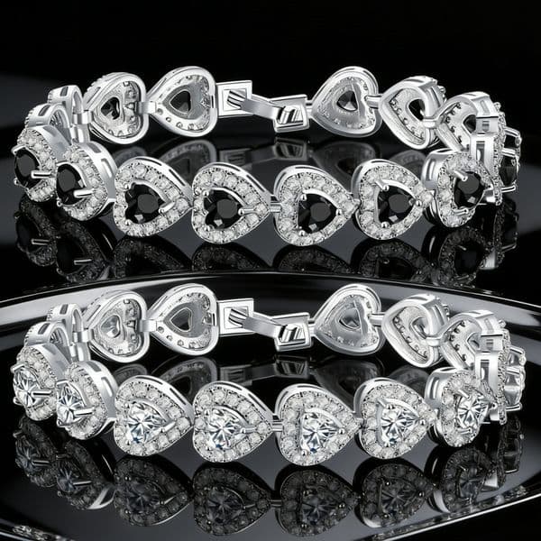 9mm Full AAA CZ Heart Charm Tennis Bracelet | White Gold Platinum Plated Copper Bracelet | Elegant Wedding Bridal Bangle Fashion Jewelry For Women