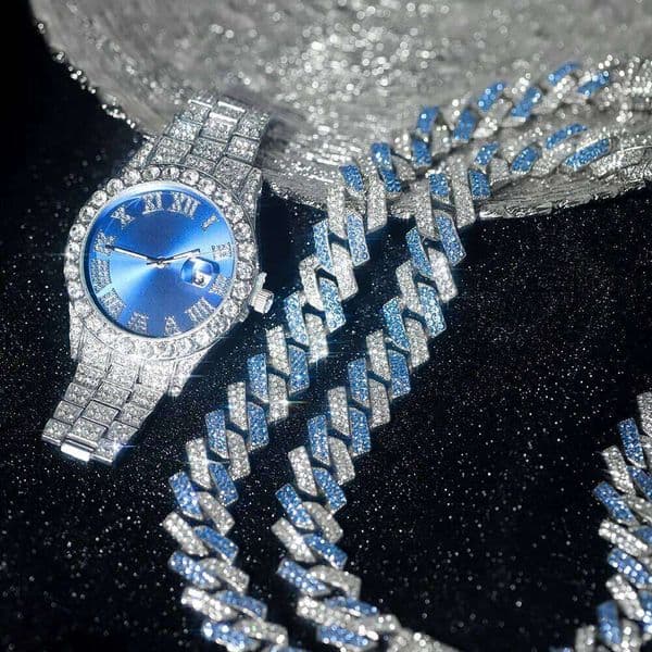 3pcs Hip-hop Jewelry Set Iced Out Punk Blue&Silver Cuban Chain+Bracelet Inlay Diamond Watch For Men Women Trend Party Gift