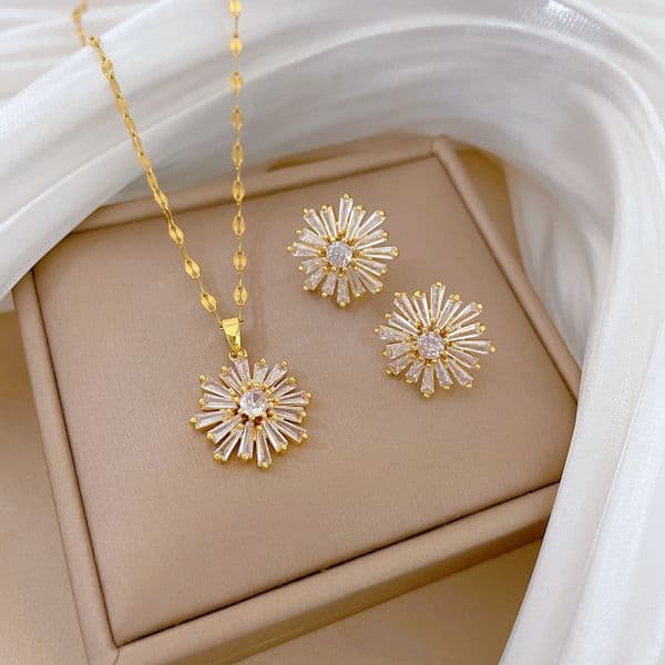 Micro Paved Zircon Snowflake Titanium Steel Jewelry Set Elegant Necklace Earrings For Women Banquet