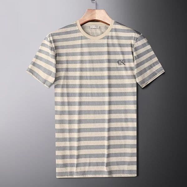 New Striped Ice Silk Linen Short-sleeve Men's Slim-fit Polo Summer Designer T-shirt Thin Embroidered Designer Hoodie Round-neck Half-sleeve T-shirt