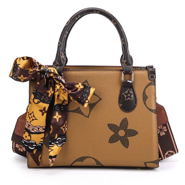 Fashionable Wristlet Crossbody Handbag - Brown Floral Design with Silk Accents Brown Flower Evening Bag with Silk Scarf Decoration for Women