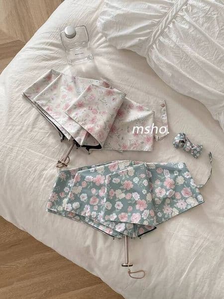 msho French Floral Pattern ~ Ultra-Light Small Pencil Umbrella, Artistic and Fresh, Black Coated, Sun UV Protection, Sunshade Umbrella