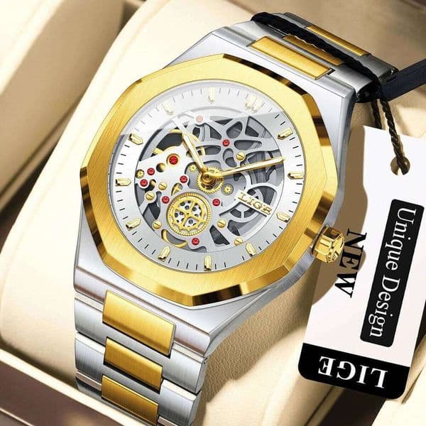 LIGE New Casual Automatic Mechanical for Men Luminous Hands Stainless Steel Strap Fashion Luxury Skeleton Mens Watches