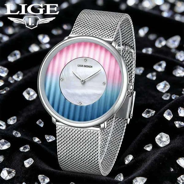 LIGE Fashion Elegant Women Watches Outdoor Sports Waterproof Ladies Watch Round Ultra Thin Mesh Quartz Women's Wristwatch Female